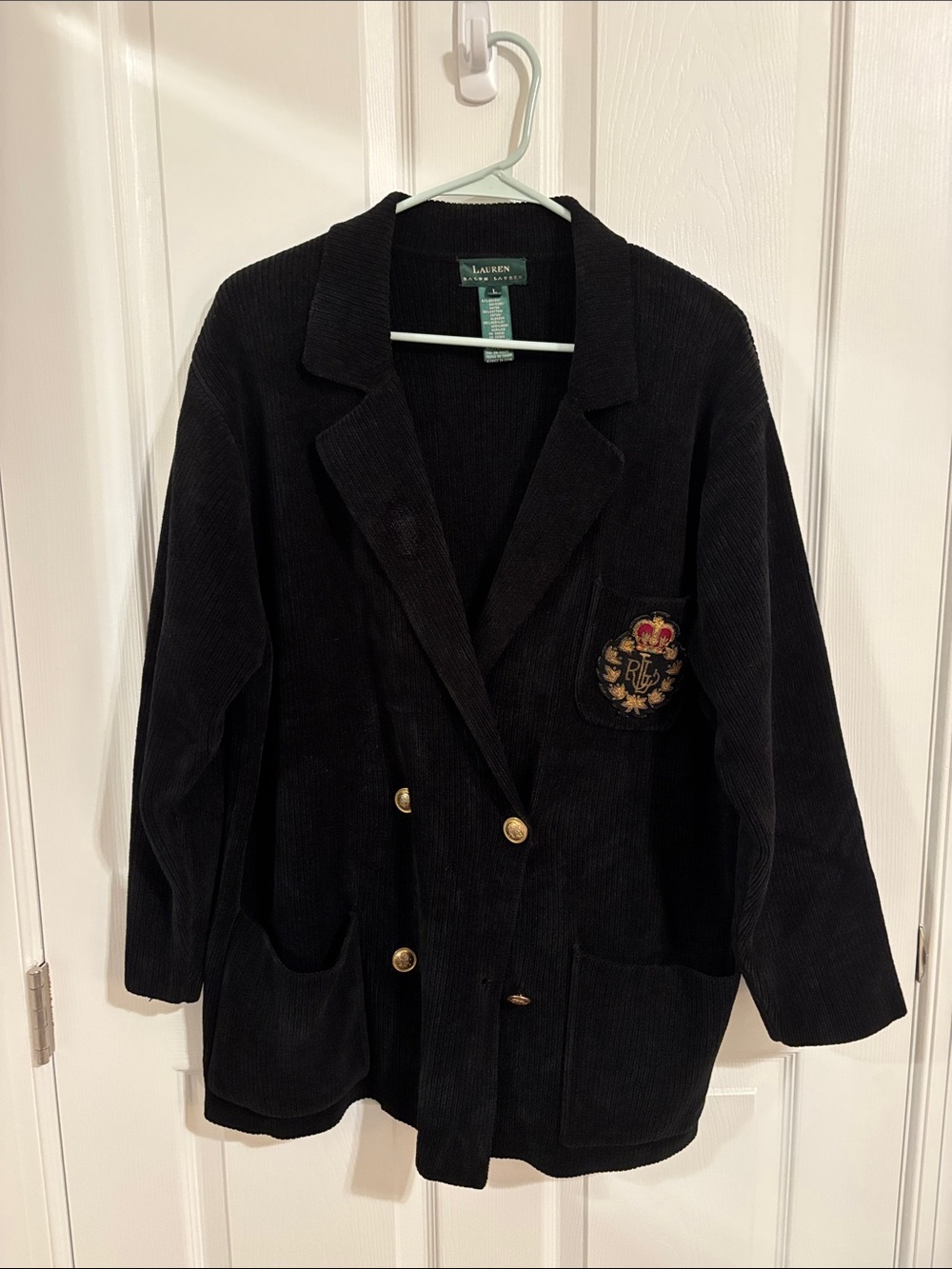 Ralph Lauren Black Corduroy Double-Breasted Blazer with Embroidered Crest
